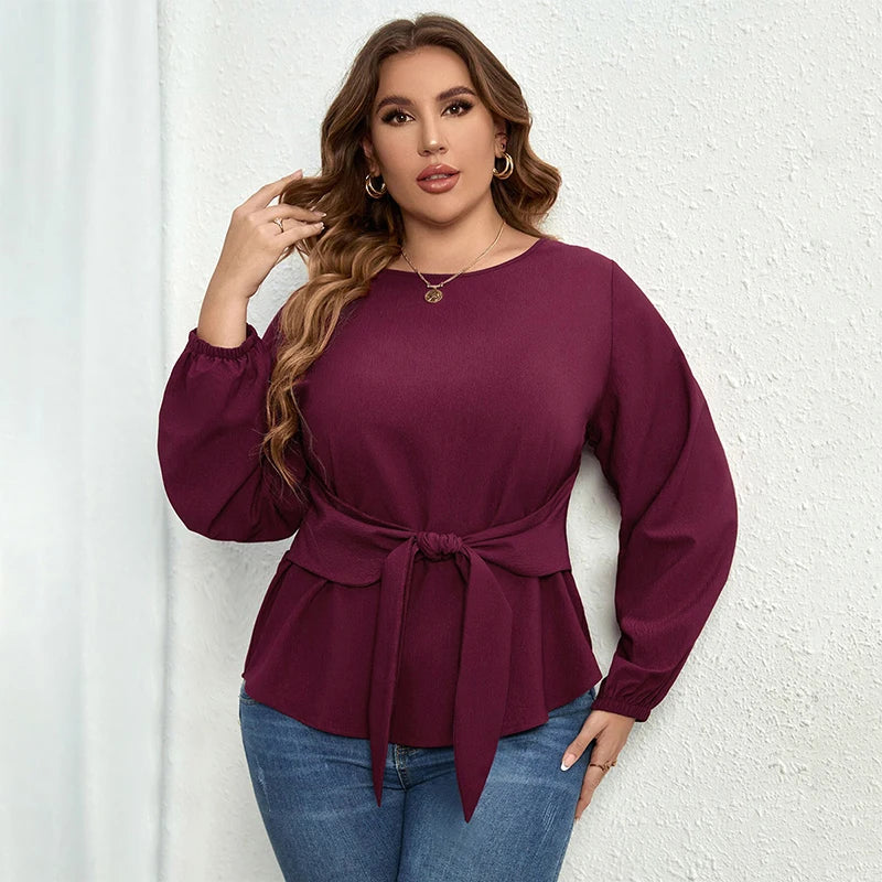 Della Mel Plus Size Women Clothing O-Neck Solid Tops Fashion Elegant Long Sleeve Office Female Casual Large Size Lady Blouses