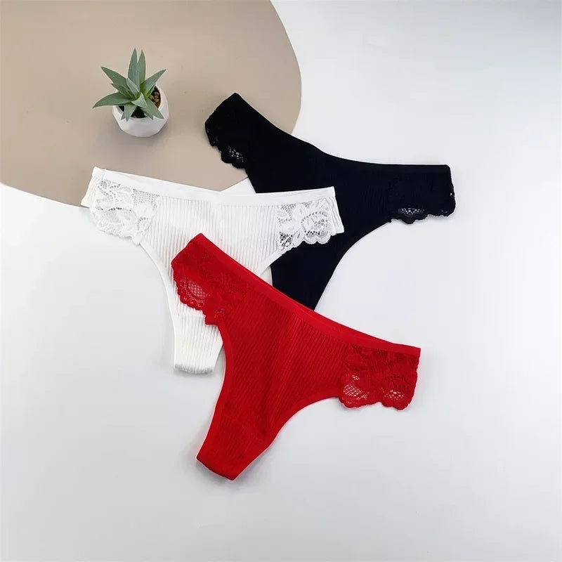 3Pcs Seamless Women Ribbed Cotton Thong Simple Ladies Low Waist Bikini Briefs Sports Girls G-string Underwear Plus Size