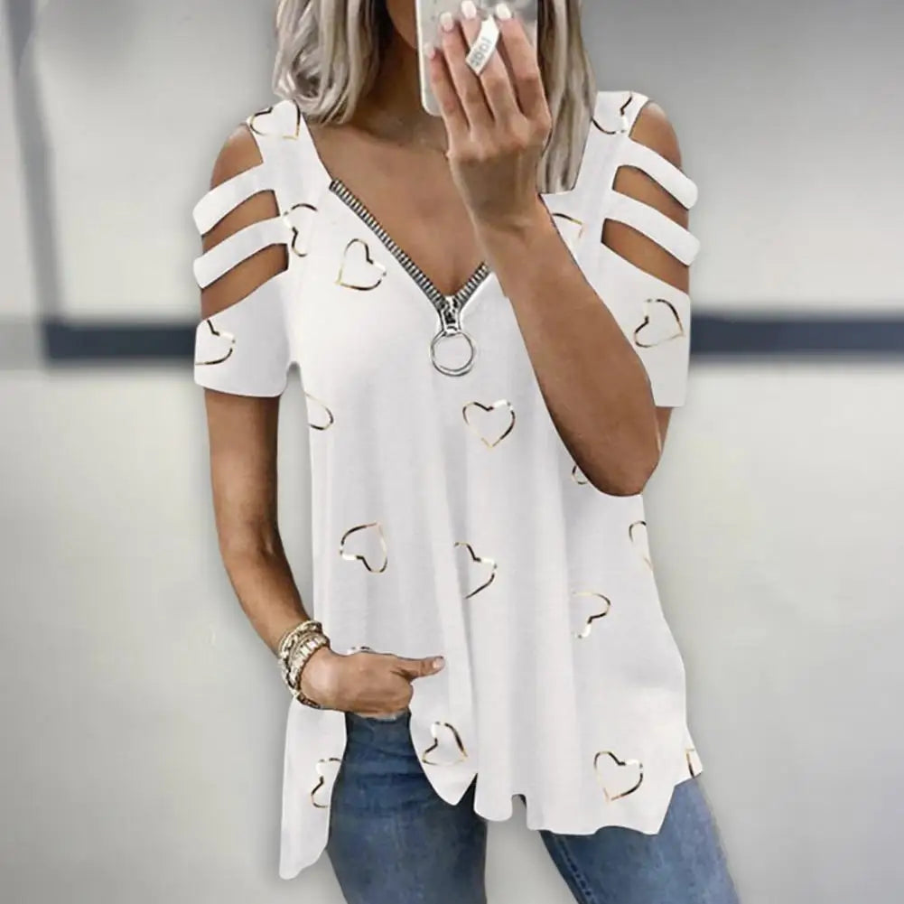 Women Summer Top V Neck Low-cut Hollow Out Short Sleeves T-shirt Match Pants Loose Plus Size Women Blouse Women Clothes