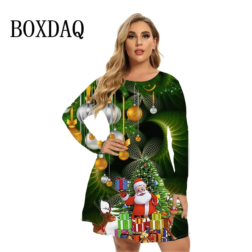 2024 Autumn Winter Long Sleeve Christmas Party Dresses Women Cute Santa Claus A-Line Dress Casual Loose Plus Size Clothing 9XL