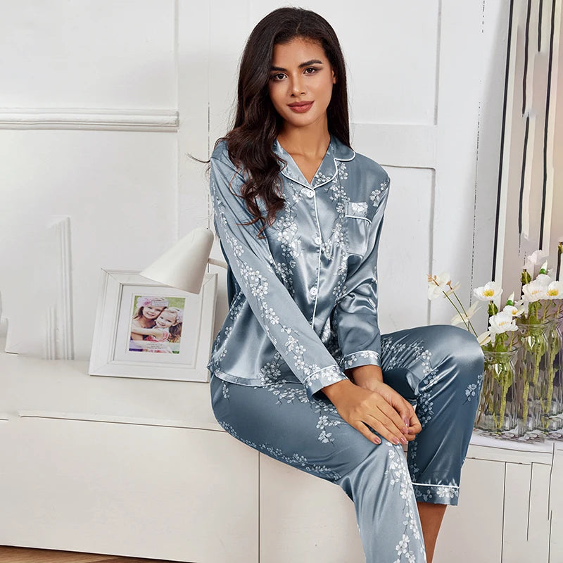 Spring Autumn pajama women Silk Satin pajamas set Long sleeve Shirt with Trouser Sleepwear Loungewear Female Pyjamas Suits Mujer