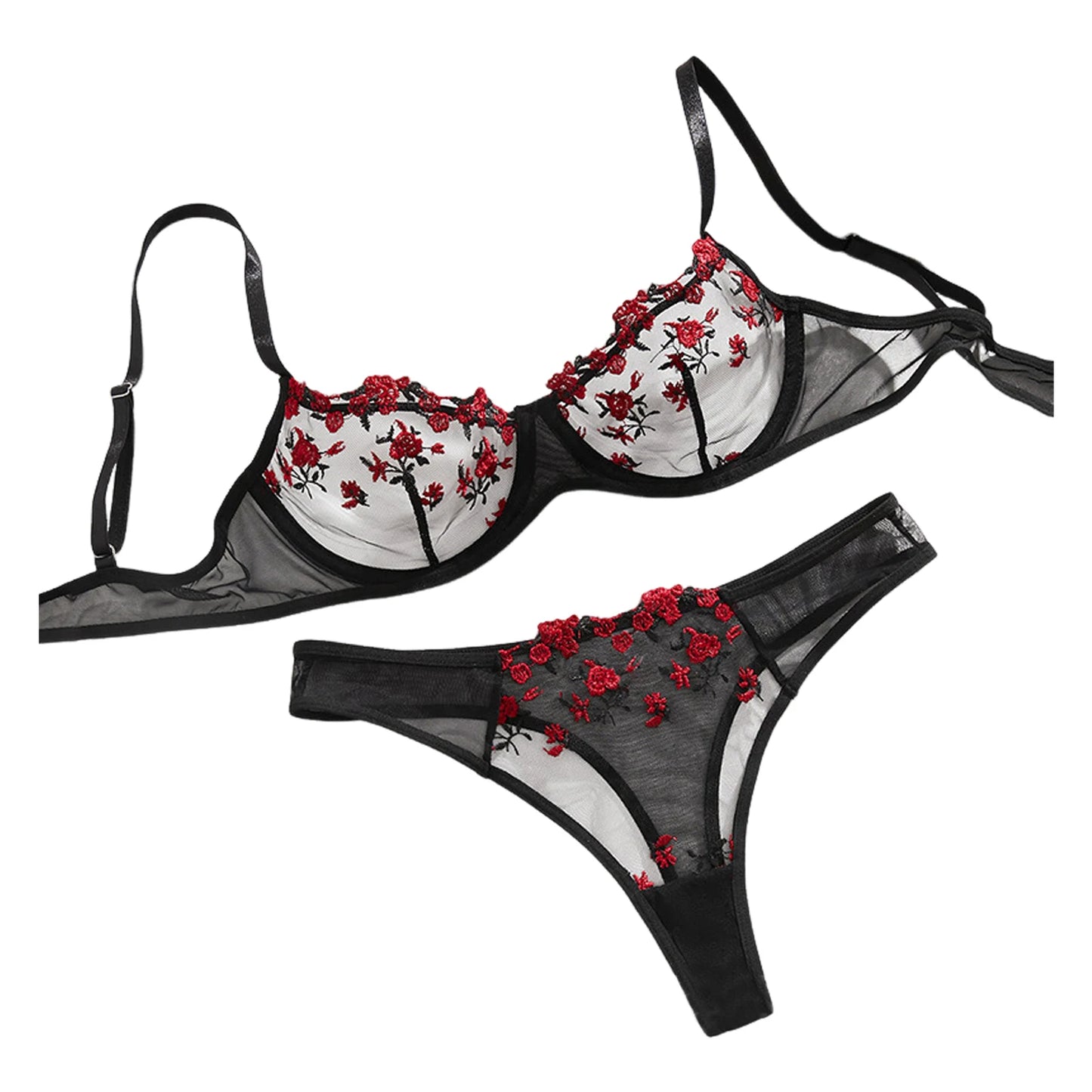 Floral Embroidery Lingerie Set Women Sheer 2-Piece Boho Bra + Panty Underwear Set Intimates