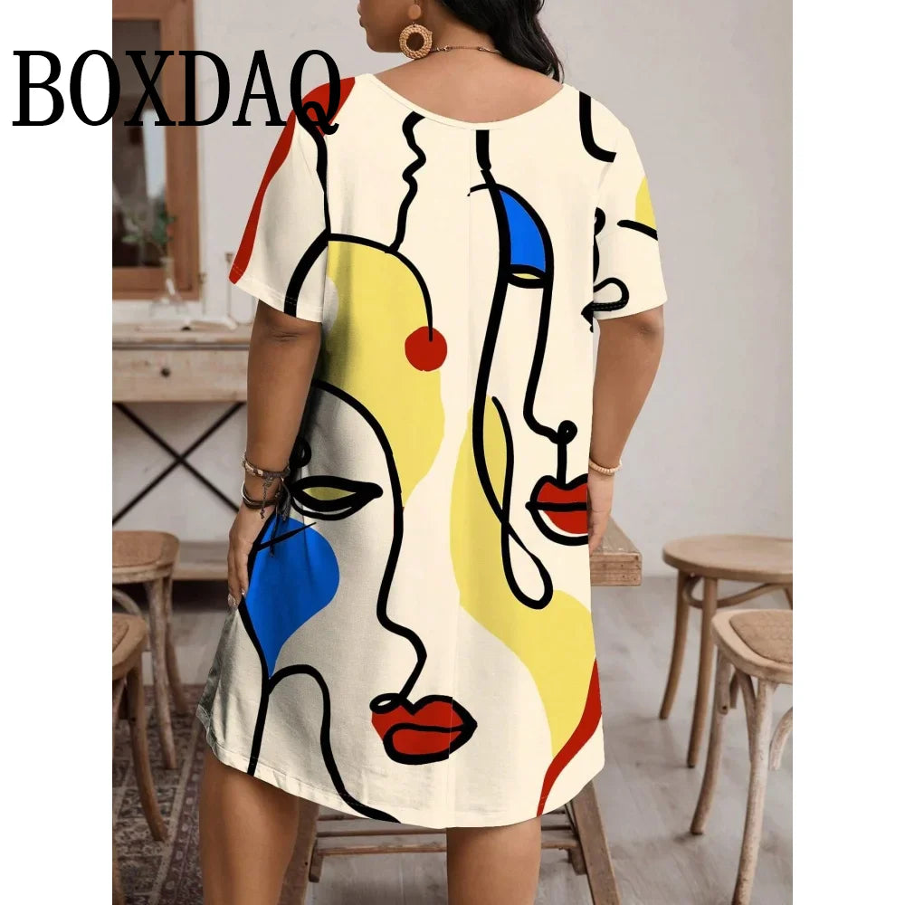 Fashion Women Clothing Artistic Face Line 3D Print Dresses Summer Loose Plus Size Dresses Casual Short Sleeve A-Line Dresses 9XL