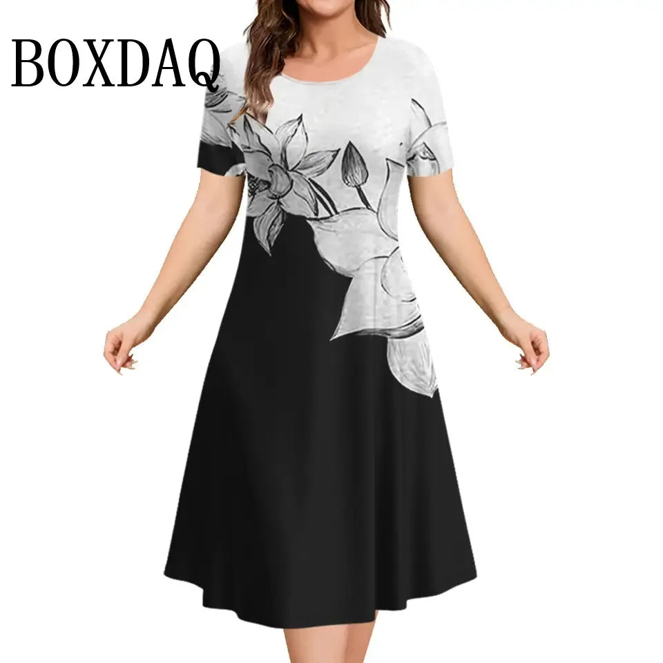 Summer Women'S Dresses 3D Art Flowers Printed Short Sleeve Clothing Elegant Loose A-Line Dress Fashion Lady Plus Size Dress 9XL