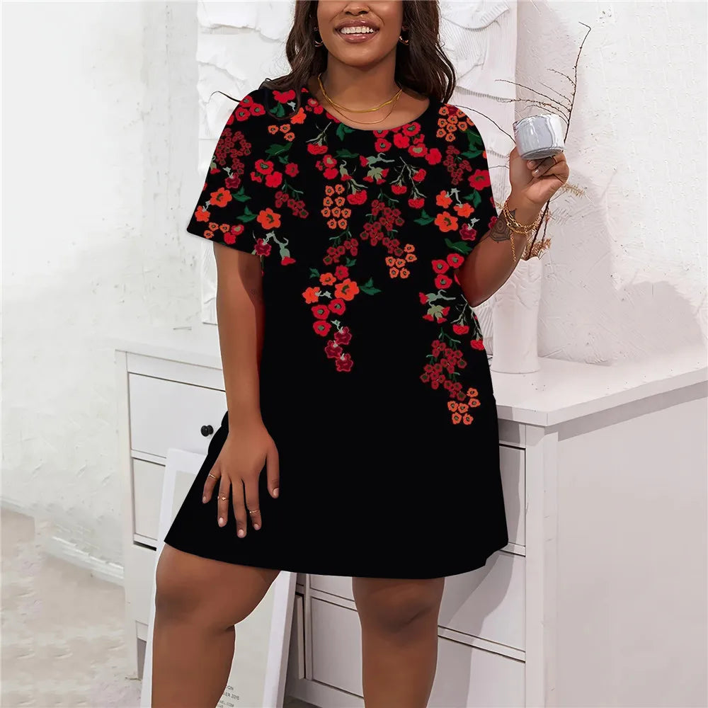 Sundress Casual Short Sleeve Loose Dress Large Sizes Women Flower Print Short A-Line Dress Summer Plus Size Women's Clothing 9XL