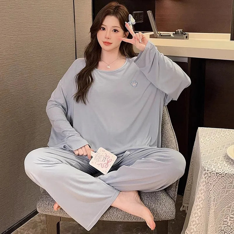 M-5XL Spring Autumn Plus Size Modal Women's Pajamas Set Casual Loose Sleepwear Pijama Suit New Comfortable Home Wear Clothing