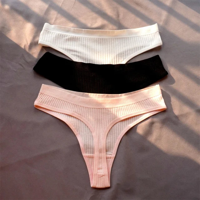 EINYOO 3 Pcs Seamless Ladies Ribbed Cotton Thong Simple Women's Low Waist Bikini Briefs Sports Girls Underwear Plus Size Zevity