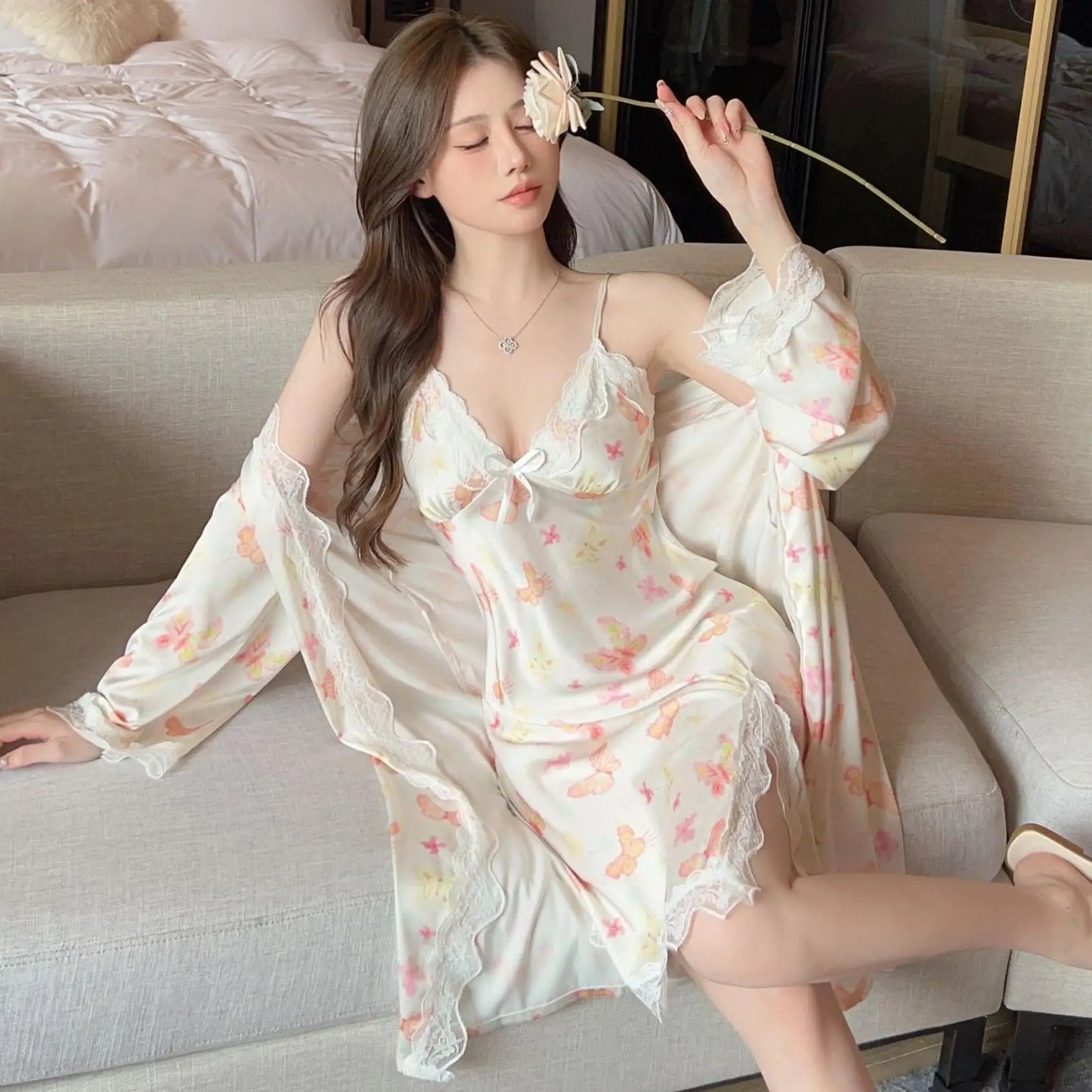 Print Twinset Robe Set Bride Nightgown Women Lace Gown Kimono Nightwear Lingerie Bathrobe Set Rayon Sleepwear Loungewear