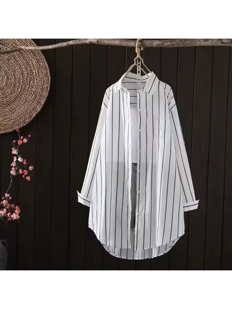 Plus Size Vertical Striped Slim Shirt Spring and Autumn Mid-length Sun Protection Clothing Women's Summer Cardigan Design Shirt