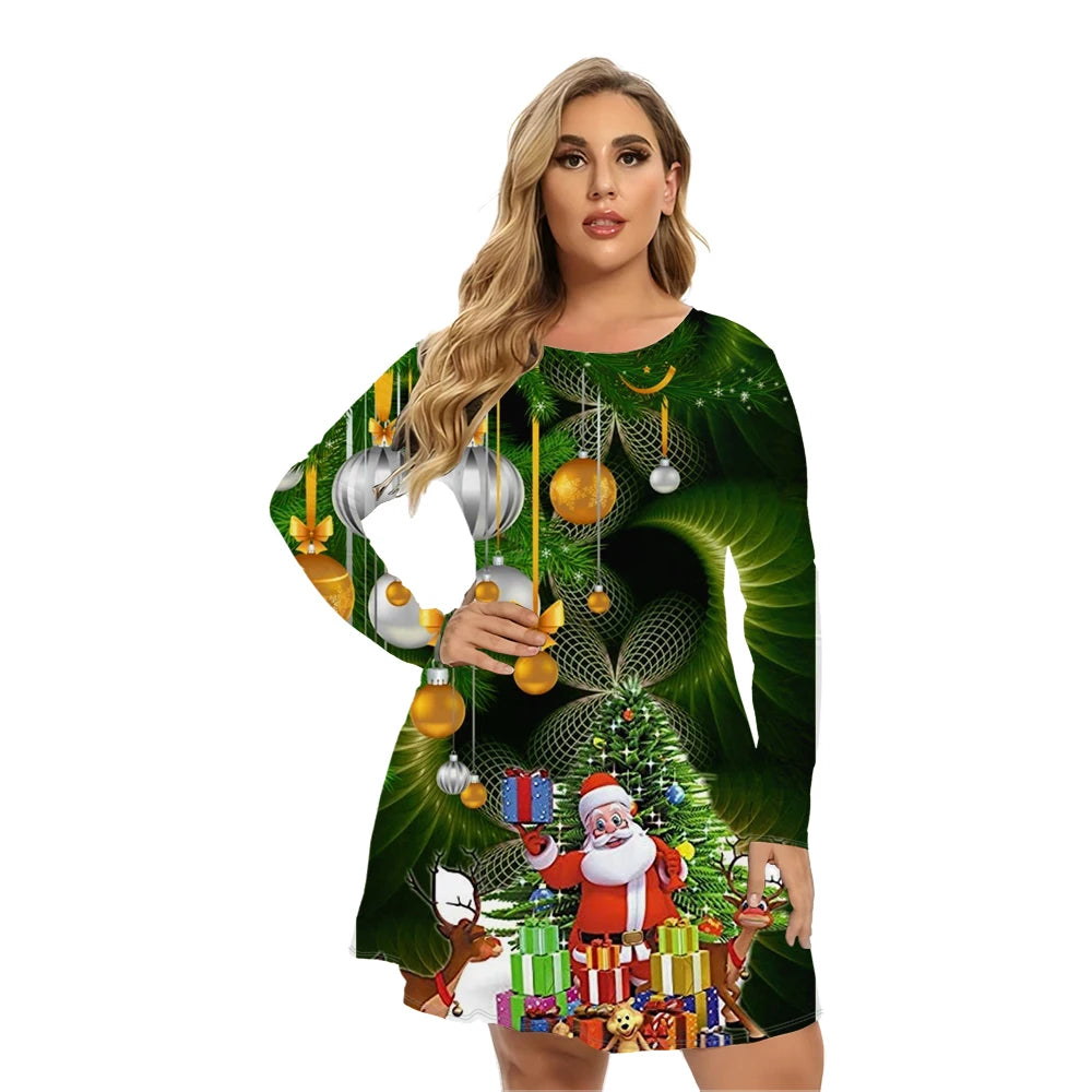 2024 Autumn Winter Long Sleeve Christmas Party Dresses Women Cute Santa Claus A-Line Dress Casual Loose Plus Size Clothing 9XL