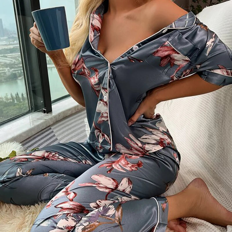 Spring Autumn pajama women Silk Satin pajamas set Long sleeve Shirt with Trouser Sleepwear Loungewear Female Pyjamas Suits Mujer