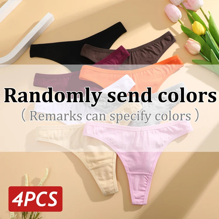 4PCS/Set Women Cotton Panties Seamless Low Rise Thongs V-Waist Solid Color Breathable Underwear Female Soft Lingerie Intimates