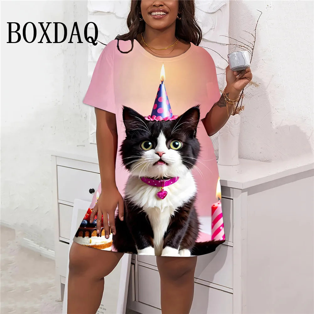 2024 Summer Women Dresses Sweet Cute Cat Print Dress Fashion Streetwear Clothing Casual Short Sleeve Loose Plus Size Dress 9XL