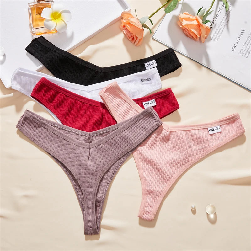 FINETOO 7Pcs Women Cotton Thongs Clothing Comfortable Waffle G-string Panties Female Low-Rise T-Back Underwear Bikini  Lingerie