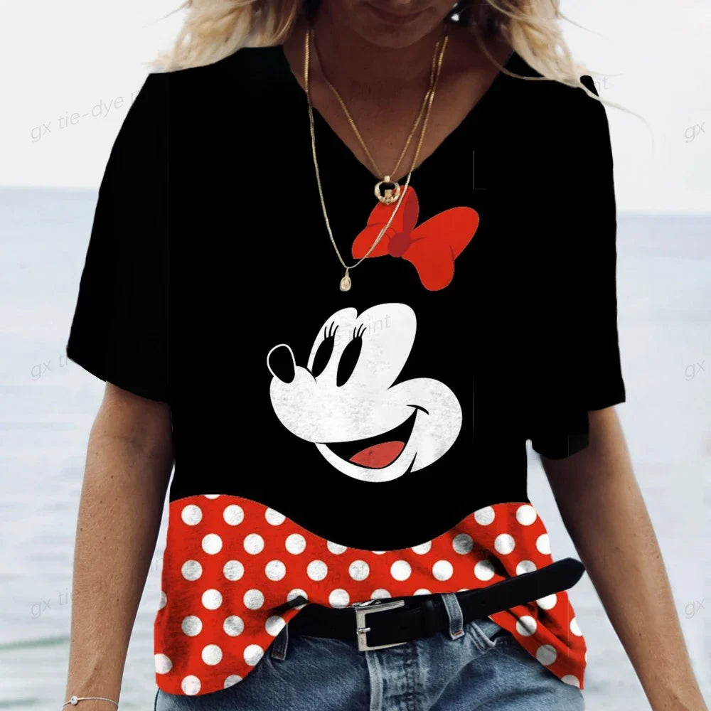 Hot Selling Women's Clothing V-neck Short Sleeved T-shirt Summer Pullover Casual Wear Plus Size T-shirt Mickey Mouse Printed