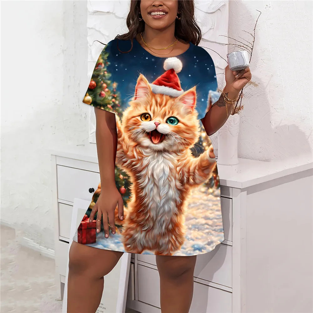 2024 Summer Women Dresses Sweet Cute Cat Print Dress Fashion Streetwear Clothing Casual Short Sleeve Loose Plus Size Dress 9XL