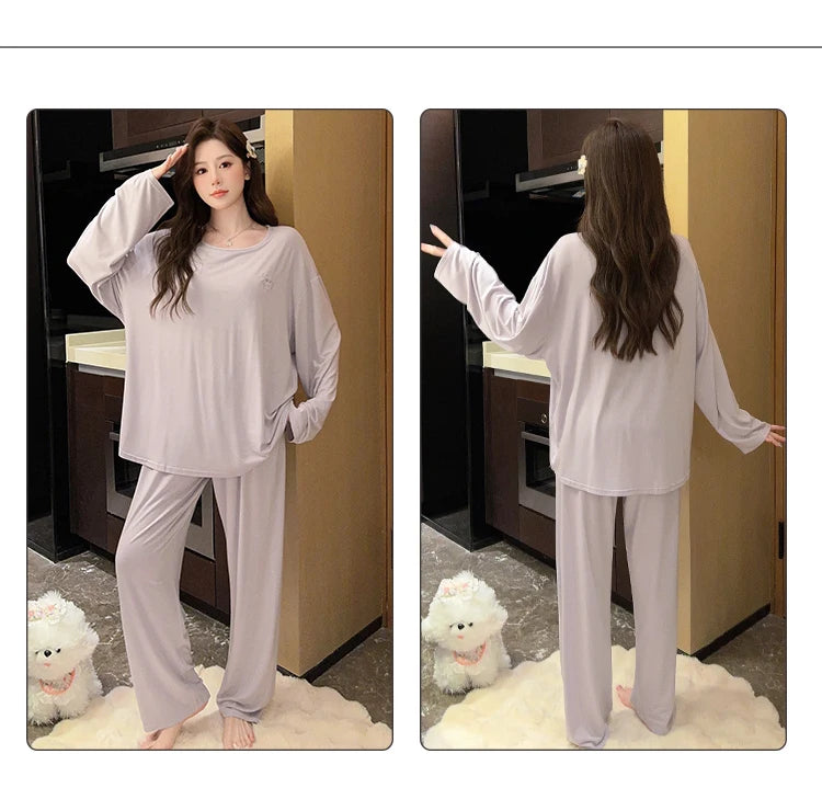 M-5XL Spring Autumn Plus Size Modal Women's Pajamas Set Casual Loose Sleepwear Pijama Suit New Comfortable Home Wear Clothing