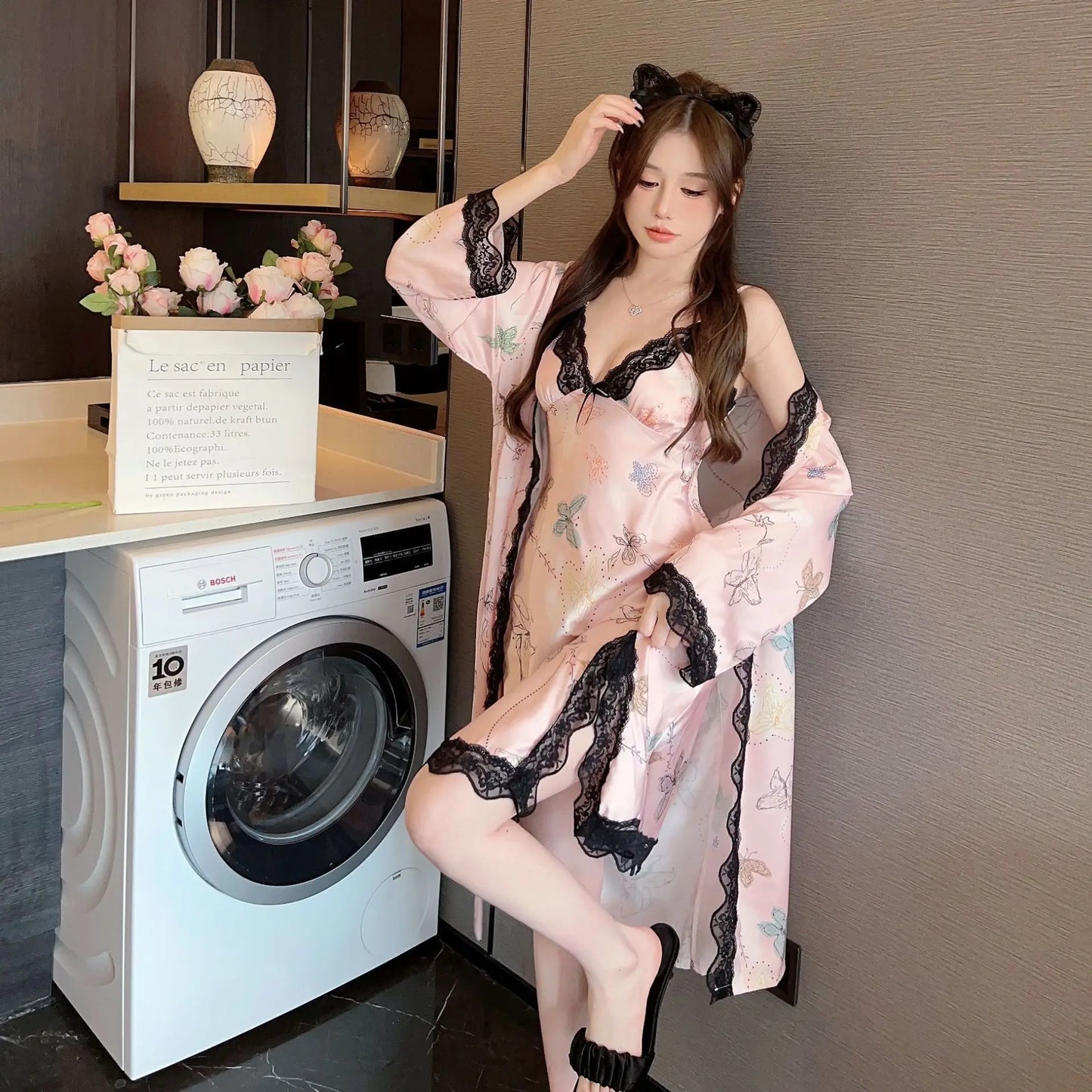 Print Twinset Robe Set Bride Nightgown Women Lace Gown Kimono Nightwear Lingerie Bathrobe Set Rayon Sleepwear Loungewear