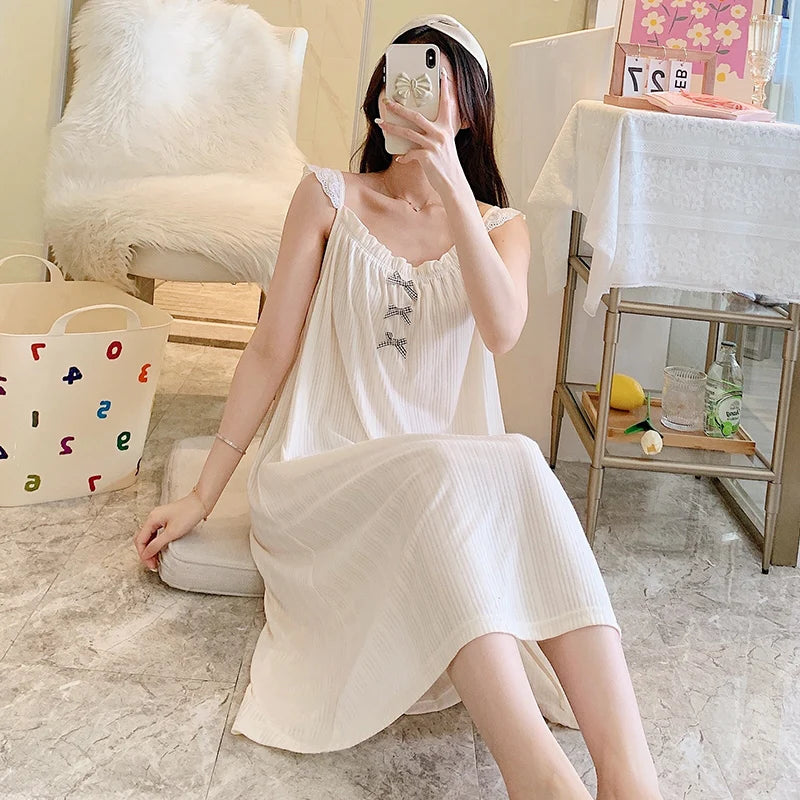 Sweet Cute Nightdress Women Princess Nightgown Lady Summer Sleeveless Sleepwear Female Cotton Nightgowns Loose Home Clothes