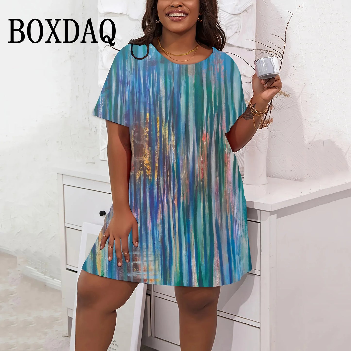 Tie Dyed Printed Dresses For Women Summer O-Neck Female Clothing Fashion New Short Sleeve Dress Streetwear Retro Plus Size 9XL