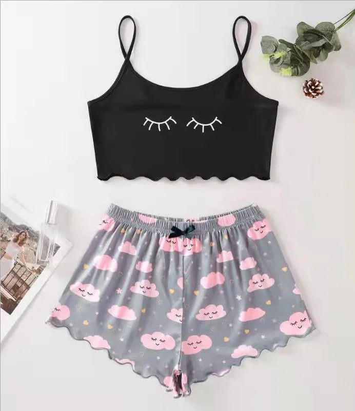 Hot Women's Sleepwear Cute Cartoon Print Short Set Pajamas for Women Pajama Set Sweet Short Sleeve V-Neck & Shorts Summer Pijama