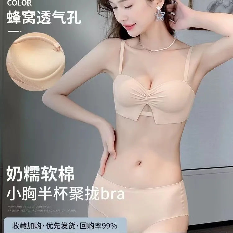 Half Cup girls small bosom gathered underwear no steel ring large AA Cup flat-chested strapless non-slip bra set