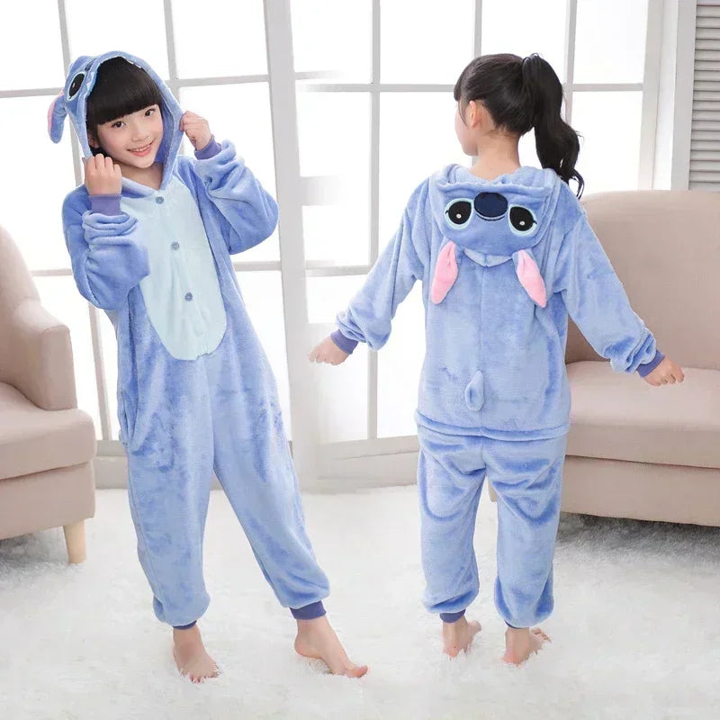 Disney Stitch Pajamas Cartoon Winter Warm Cosplay Stitch Plush Pajamas Home Clothes Set Boys Girls Birthday Christmas Gifts