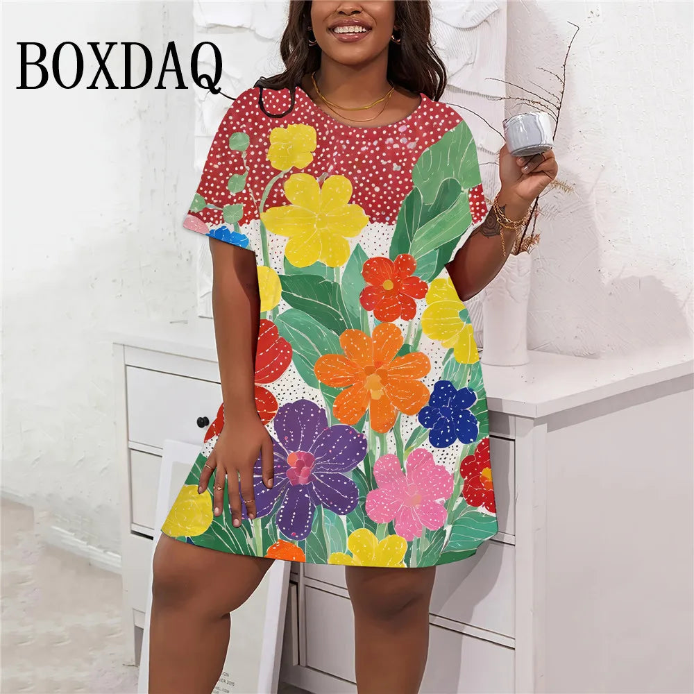 Short Sleeve Women’S Dresses Summer Women Casual Ladies Loose A-Line Dress Fashion Plus Size Clothing 9XL Streetwear Art Painted