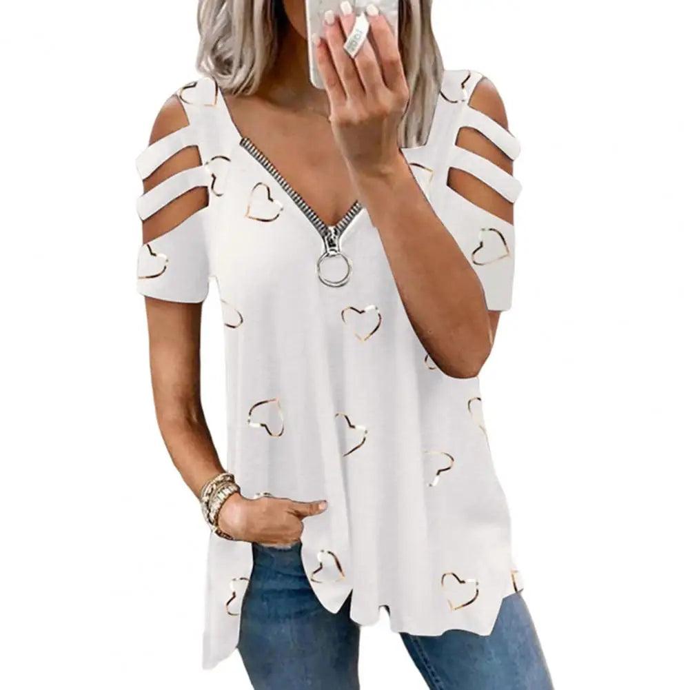 Women Summer Top V Neck Low-cut Hollow Out Short Sleeves T-shirt Match Pants Loose Plus Size Women Blouse Women Clothes