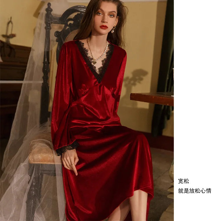 Burgundy Velvet Nightgown Long Sleepwear Warm Homewear Lady Elegant Nightdress Autumn Winter Warmth Home Clothing Nightwear