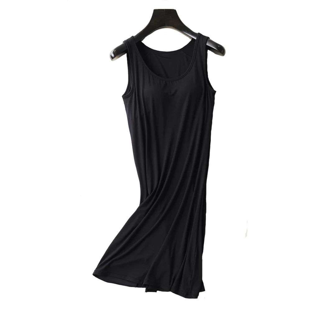 Womens Nightgown Built-in Shelf Bra Chemise Modal Night Dress Sleeveless Solid Lounge Nightdress Female Sleepwear Home Clothes