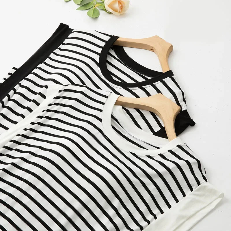 Women Modal Striped Nightgowns With Bra Pad 2024 Summer Sleeveless Sleepwear Female Nightdress Ladies Casual Loose Home Clothes