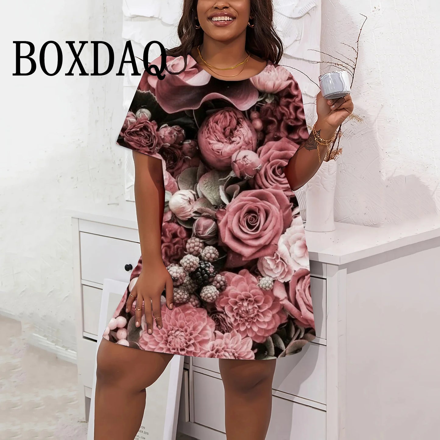 Short Sleeve Woman's Clothing Dresses Rose Flowers 3D Printed Dress Loose Round Neck Plus Size Women Clothing Summer Streetwear