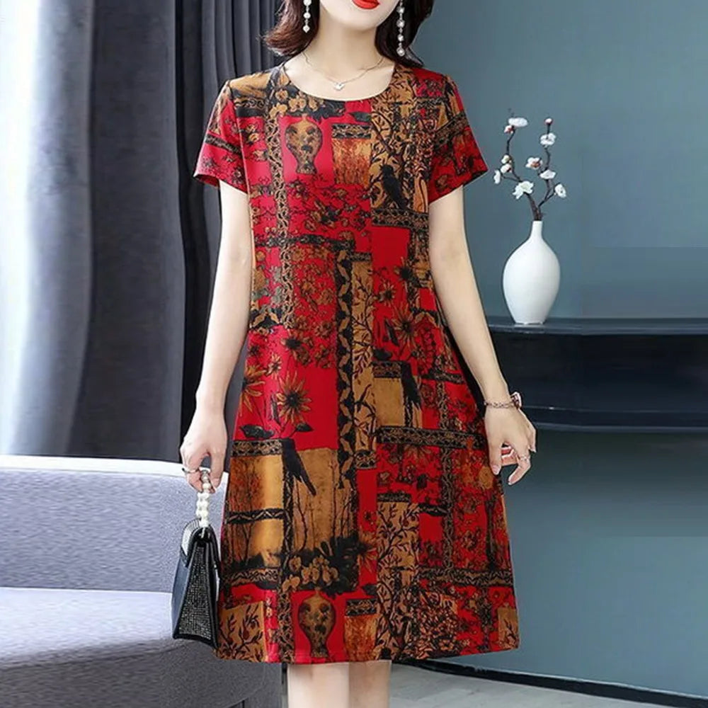 Womens Dresses Party Casual Elegant Long-Dress Retro Plus Size Print Short-Sleeved Skirt Loose Mother Wear Female Clothing