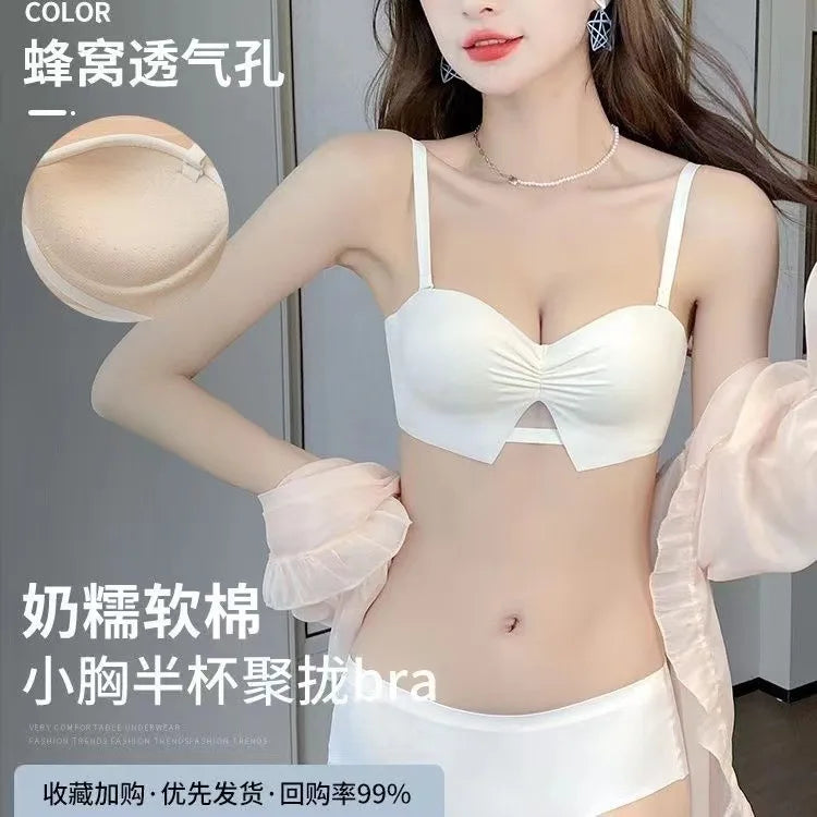 Half Cup girls small bosom gathered underwear no steel ring large AA Cup flat-chested strapless non-slip bra set