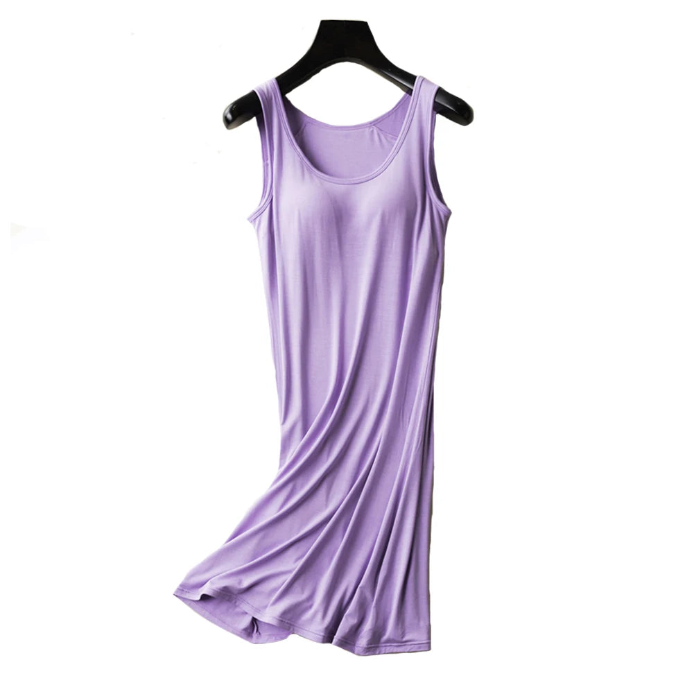 Womens Nightgown Built-in Shelf Bra Chemise Modal Night Dress Sleeveless Solid Lounge Nightdress Female Sleepwear Home Clothes