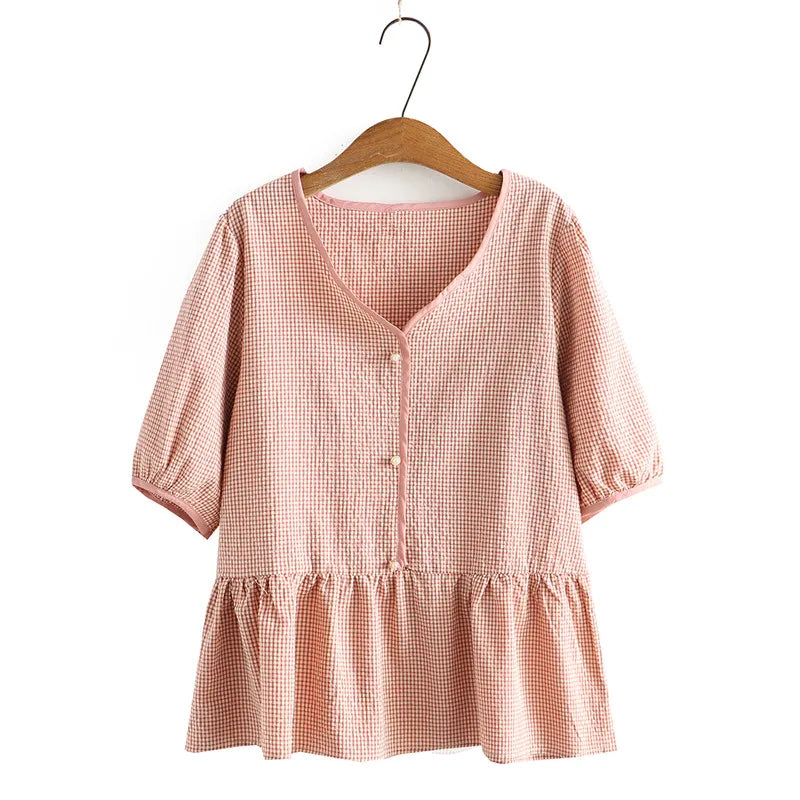 Plus Size Women's Clothing In Summer Wear Short Sleeve Cotton Small Square Pullover With Three Button Large Size Thin Loose Tops