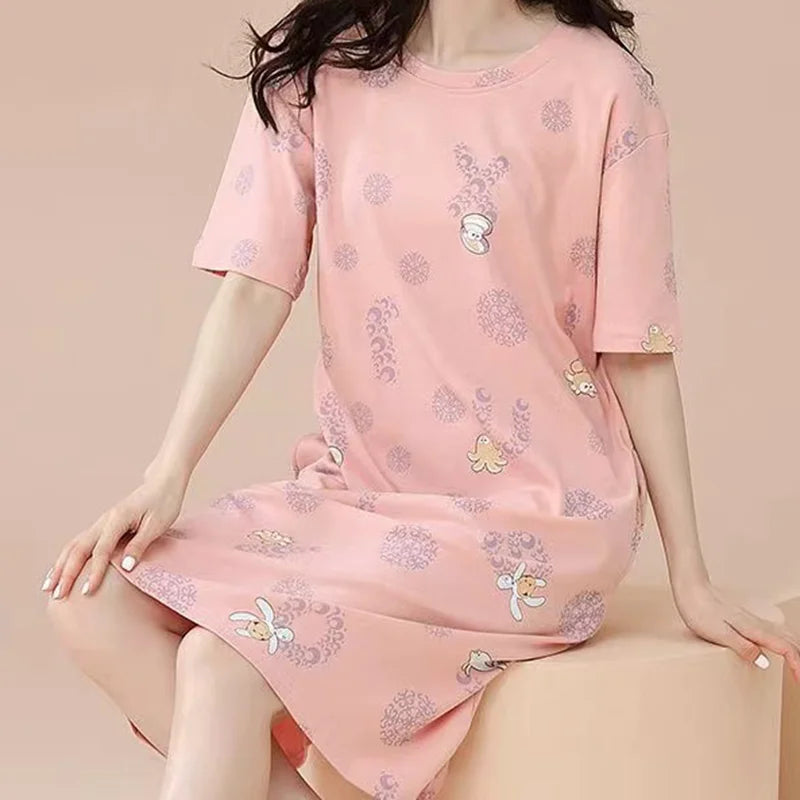 Plus Size Milk Silk Women Nightgowns L-5XL Short Sleeves Sleepshirt Casual Nightdress Cartoon Sleepwear Woman Leisure Lingerie