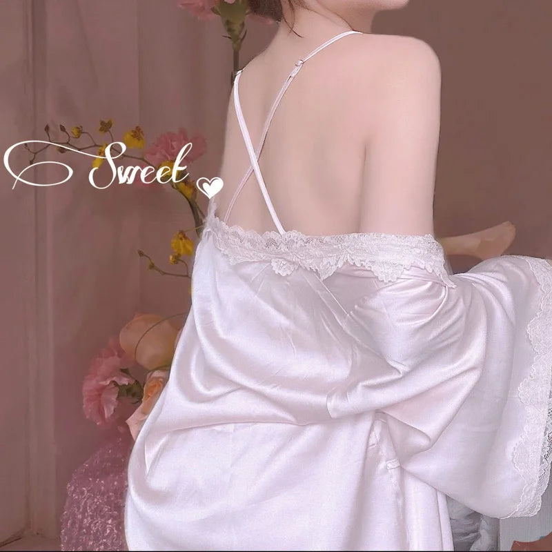 Nighty for Ladies Hot Romantic White Dress Women Silk Nightgown Two Pieces Sleepwear Princess Lace Pajamas Summer Autumn