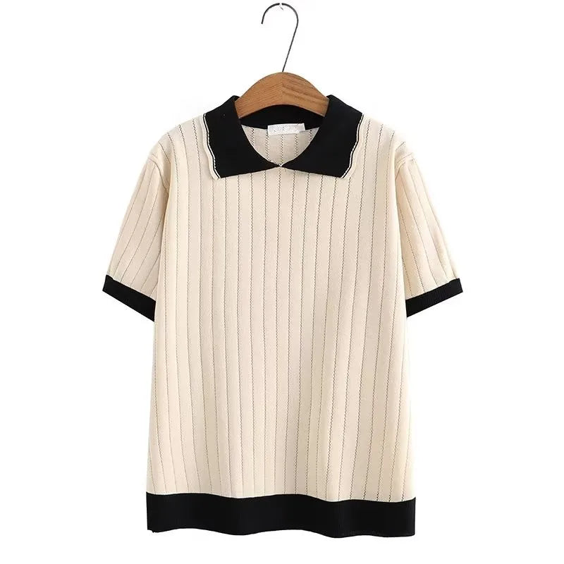 Plus Size Women's Clothing T-Shirt Black And White Contrast Lapel Polo Shirts Basic Knitted T-Shirt Summer Thin Short Sleeve T