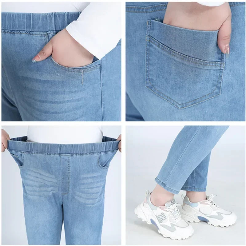 Plus Size Jeans Women's Mom Clothing Ankle Length Stretched Slim Fit 9XL 8XL 7XL Female Denim Trousers 6XL Girl High Waist Pants