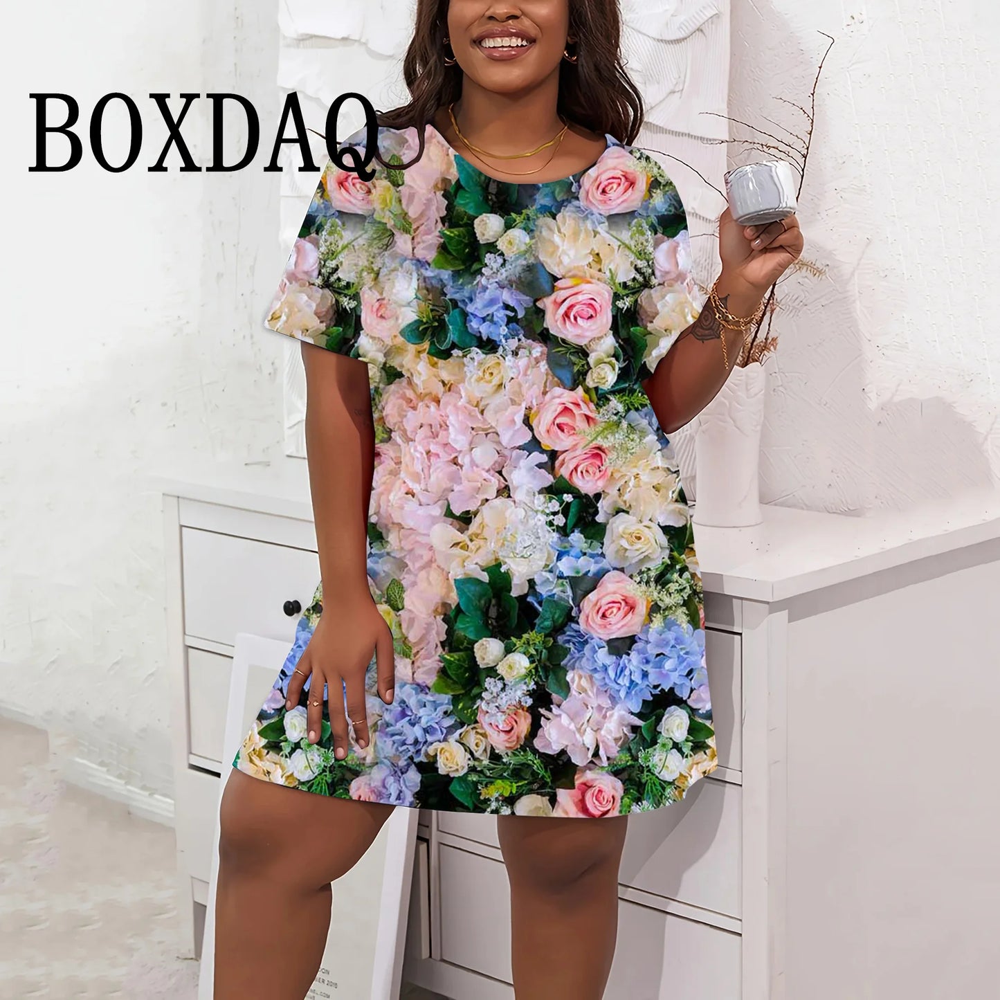 Short Sleeve Woman's Clothing Dresses Rose Flowers 3D Printed Dress Loose Round Neck Plus Size Women Clothing Summer Streetwear