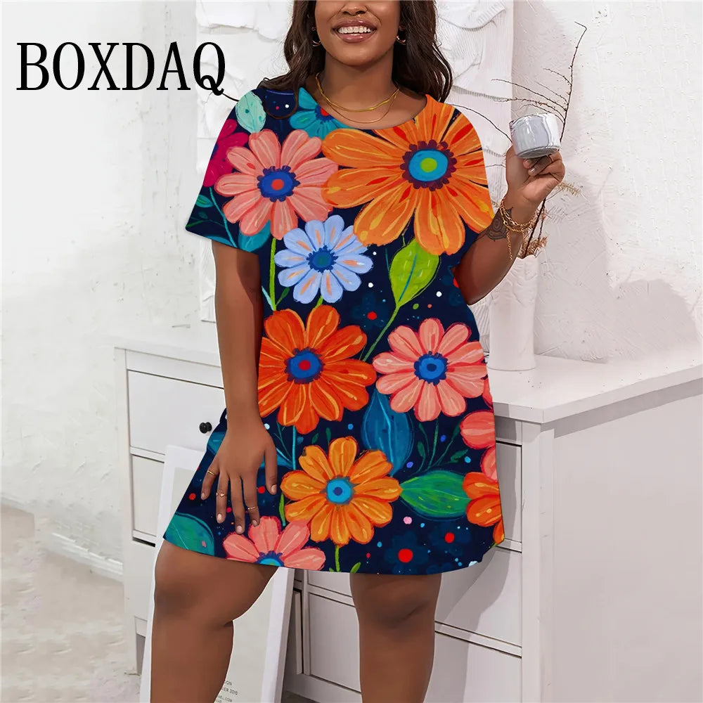 Short Sleeve Women’S Dresses Summer Women Casual Ladies Loose A-Line Dress Fashion Plus Size Clothing 9XL Streetwear Art Painted