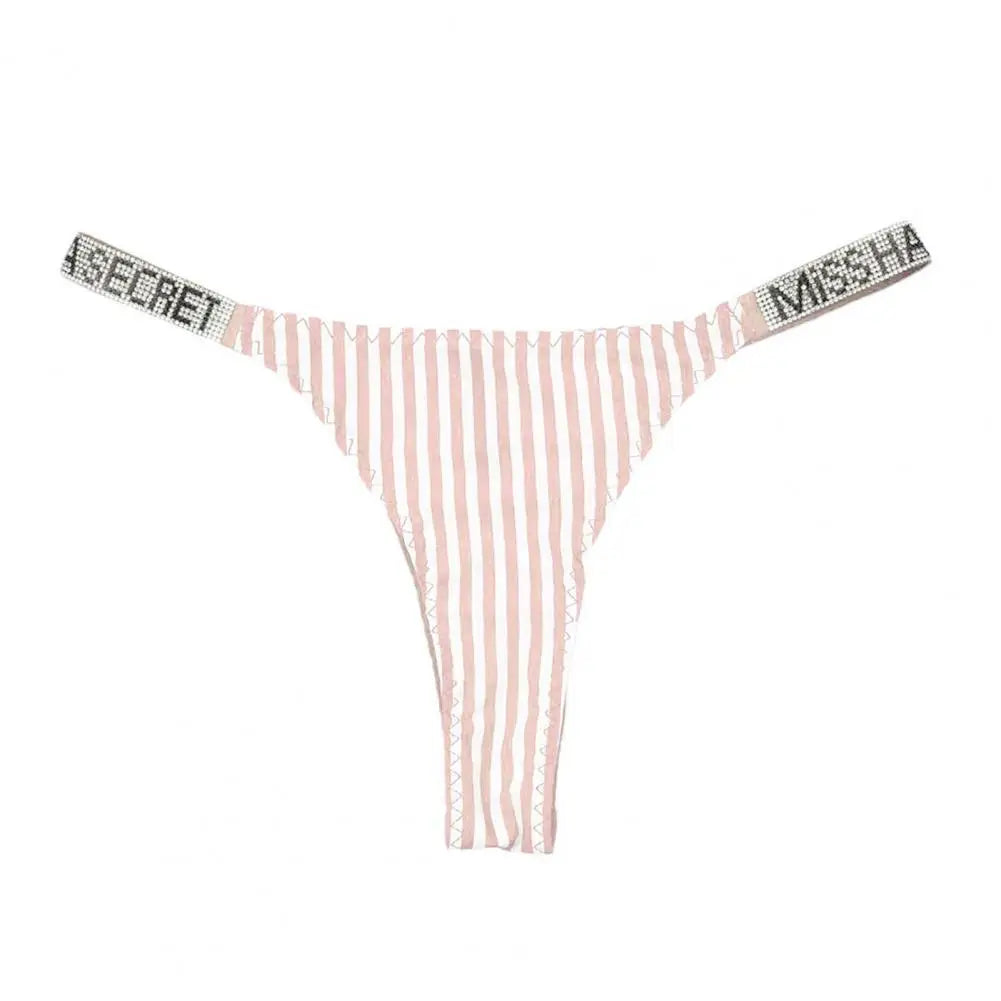 G-string Panties Rhinestone Letter Decor for Women Low Waist Striped Print Plus Size Butt-lifted Thong Lady G-string Underpants