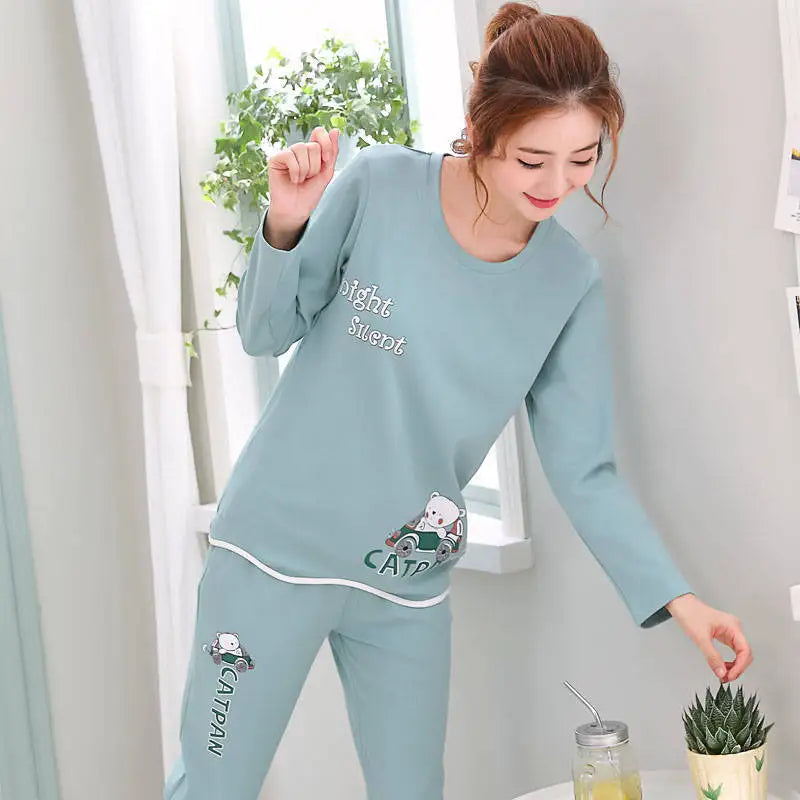 Spring Thin 2pieces Pyjamas Set Women Tops 2024 Cotton Round Neck Girls Pajamas Sets Teacup Cat Sleepwear Clothes Pijamas Mujer