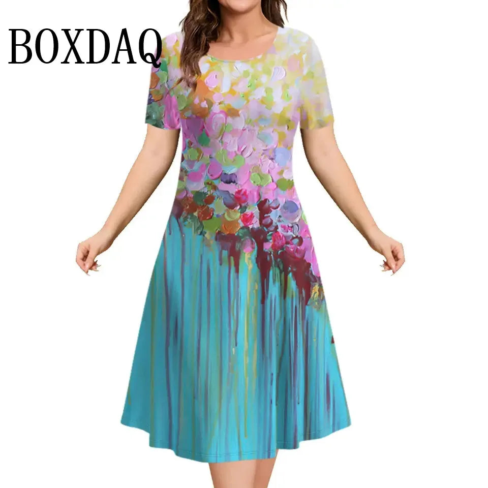 Summer Women'S Dresses 3D Art Flowers Printed Short Sleeve Clothing Elegant Loose A-Line Dress Fashion Lady Plus Size Dress 9XL