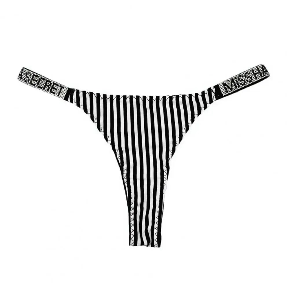 Low-waisted Underwear Rhinestone Letter Decor for Women Low Waist Striped Print Plus Size Butt-lifted Thong Lady G-string