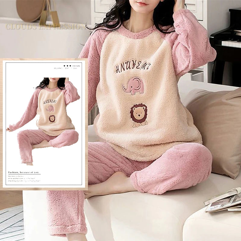 Autumn Winter Flannel Women Pajamas Sets Fashion Plaid Printed Teddy Sleepwear Velvet Homewear Kawaii Girsl Pijamas Mujer Pyjama