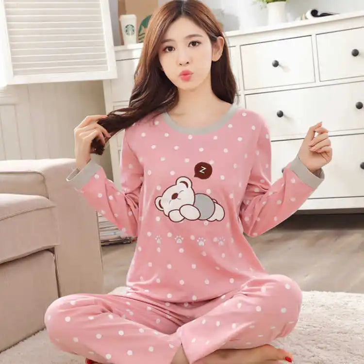 Spring Thin 2pieces Pyjamas Set Women Tops 2024 Cotton Round Neck Girls Pajamas Sets Teacup Cat Sleepwear Clothes Pijamas Mujer