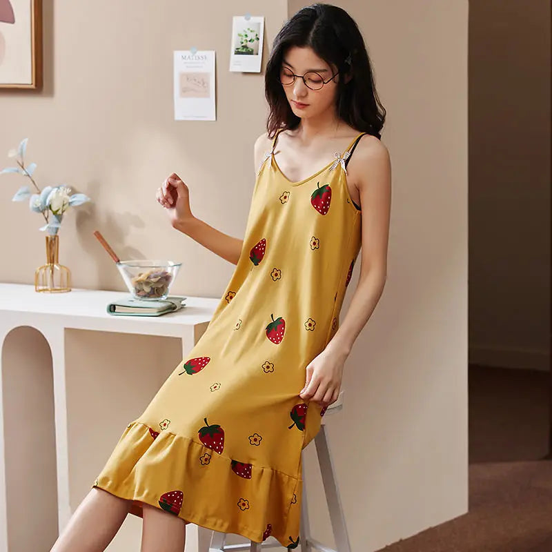 Sweet Cute Nightdress Women Princess Nightgown Lady Summer Sleeveless Sleepwear Female Cotton Nightgowns Loose Home Clothes